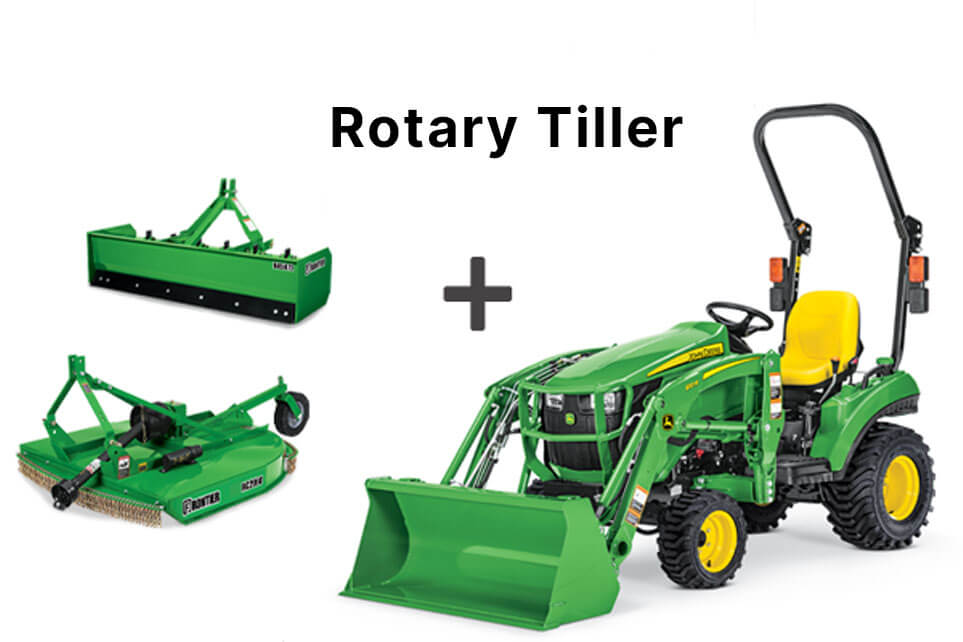 Sub-Compact Utility Tractor, Standard Duty Box Blade, Lift-Type Rotary Cutter, and Standard Rotary Tiller