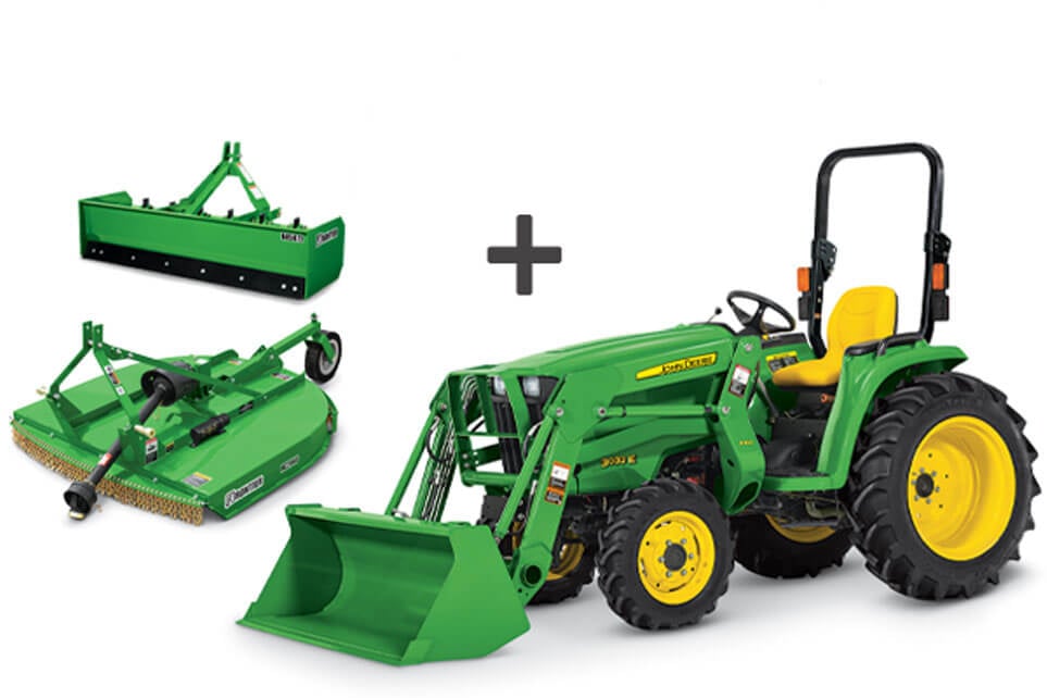Compact Utility Tractor, Standard Duty Box Blade, and Lift-Type Rotary Cutter